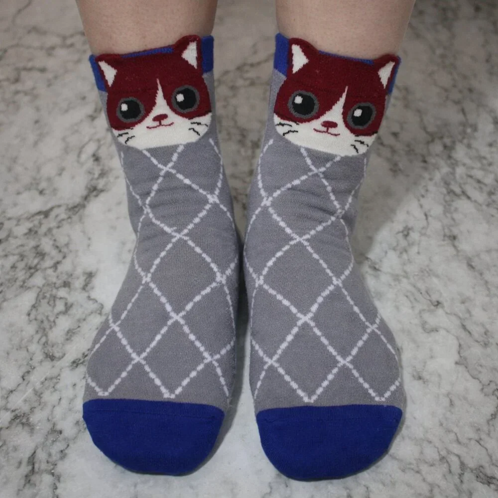 CAT LADY Socks Ankle Short Anklets Animal Print Plaid Blue Grey Geometric Print